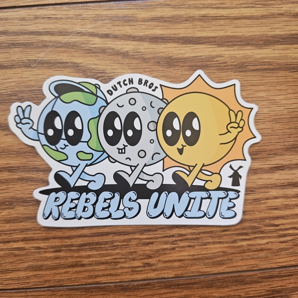 Dutch Bros Cartoon Planet Sticker - Blue, Gray, Yellow
